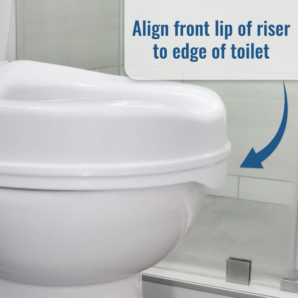 Close-up of a white toilet with a raised rim insert, shown in a bathroom setting with overlaid text reading 'Align front lip of riser to edge of toilet' and a blue arrow indicating placement.