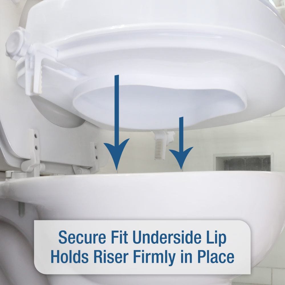 Toilet seat riser with text indicating a secure fit on a toilet.