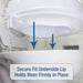 Toilet seat riser with text indicating a secure fit on a toilet.