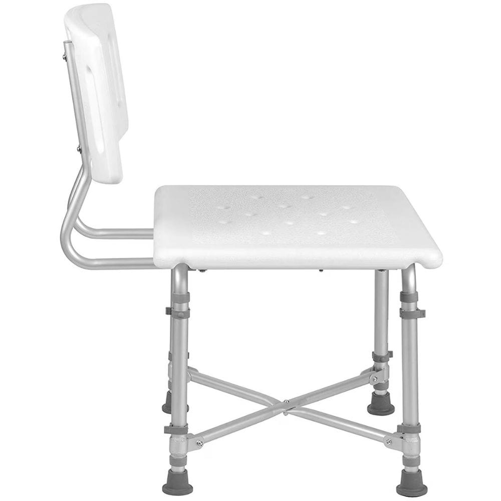 White adjustable shower chair with gray legs on a white background
