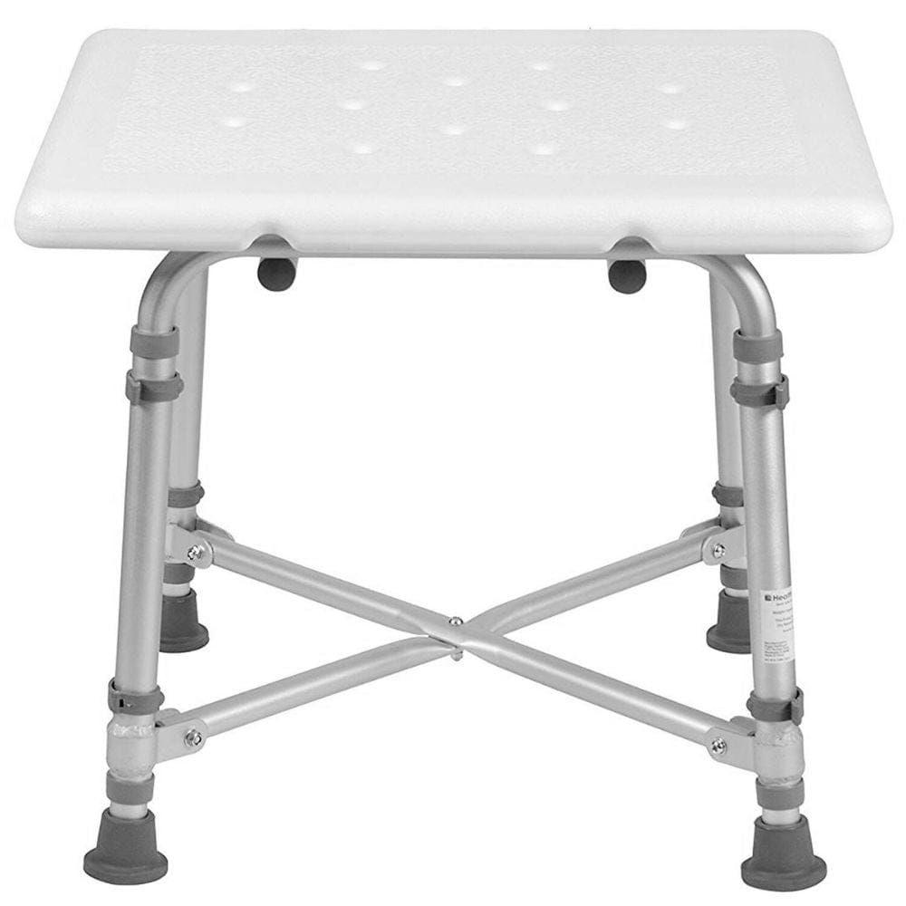 White shower bench with metal frame on a white background