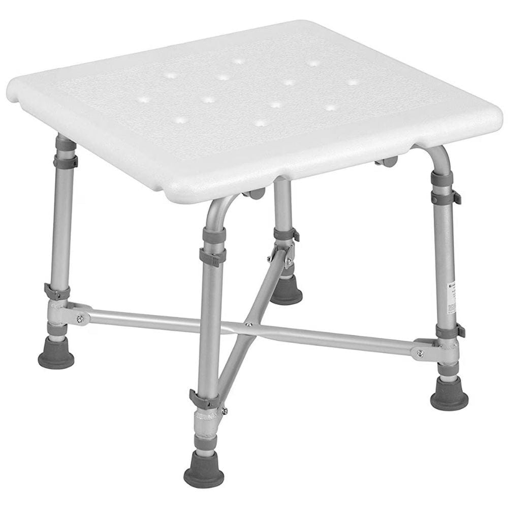 White adjustable shower seat with metal frame on a white background