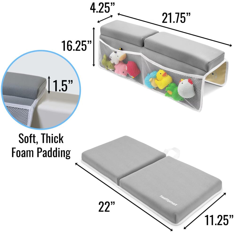 Gray bath seat with foam padding and toy storage, showing dimensions and softness details.