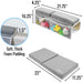 Gray bath seat with foam padding and toy storage, showing dimensions and softness details.