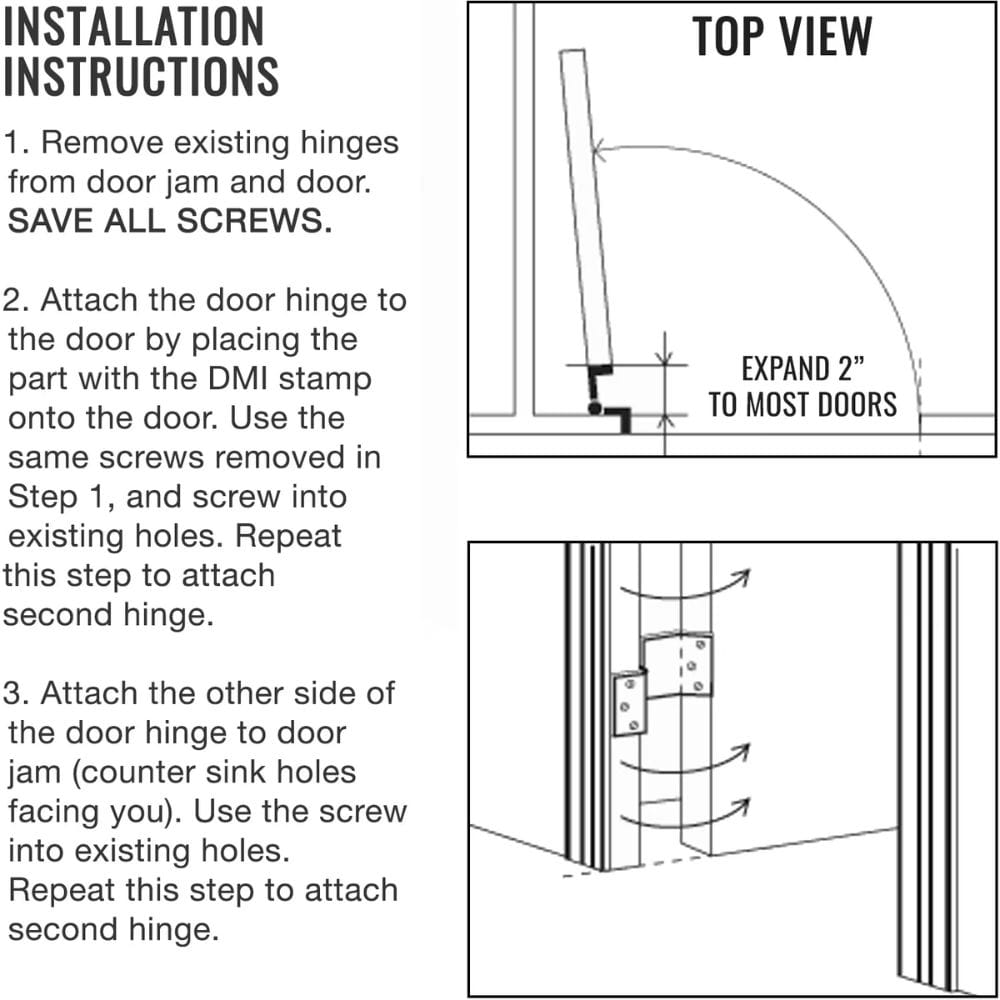 Installation instructions for door hinges with diagrams on a white background
