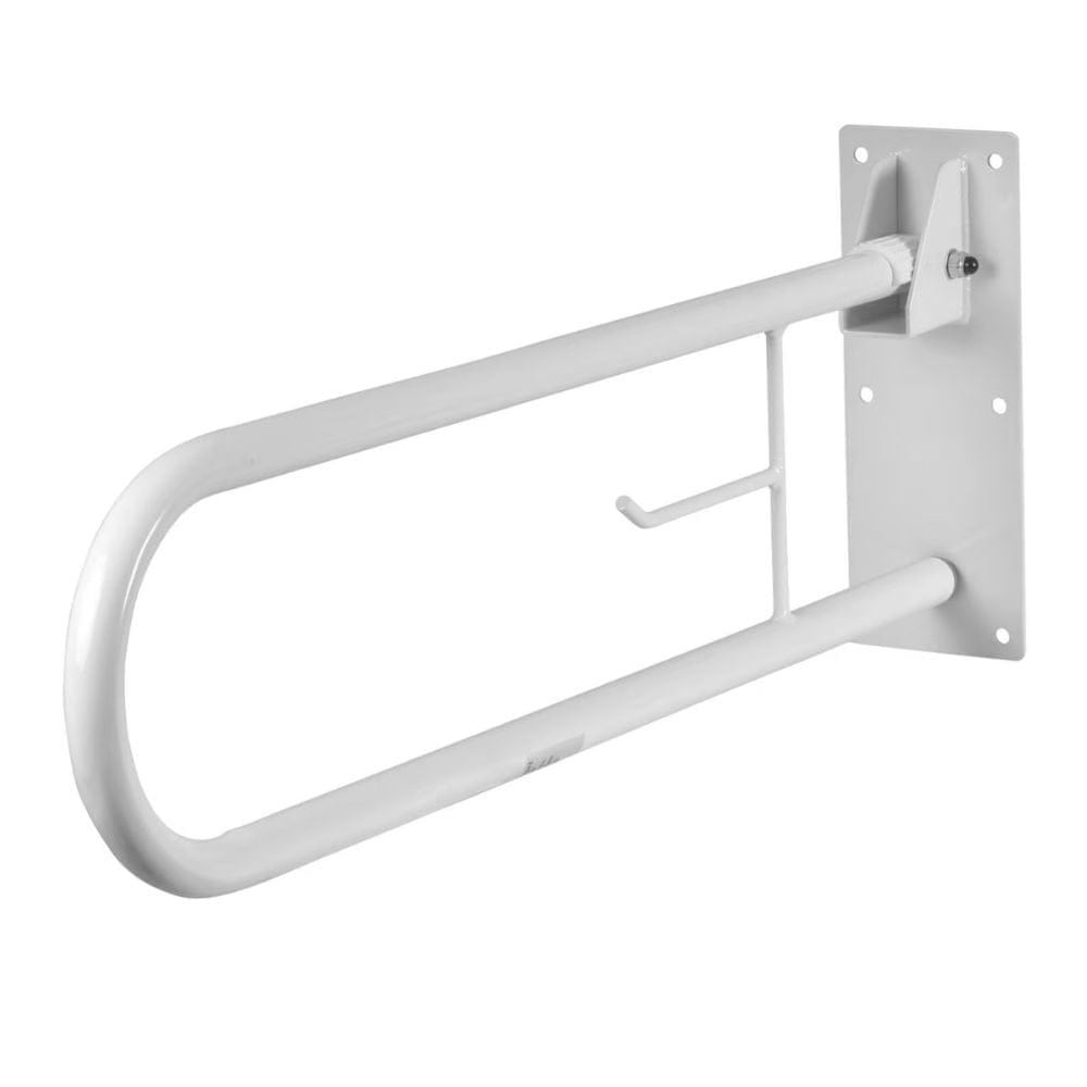 White wall-mounted grab bar on a white background