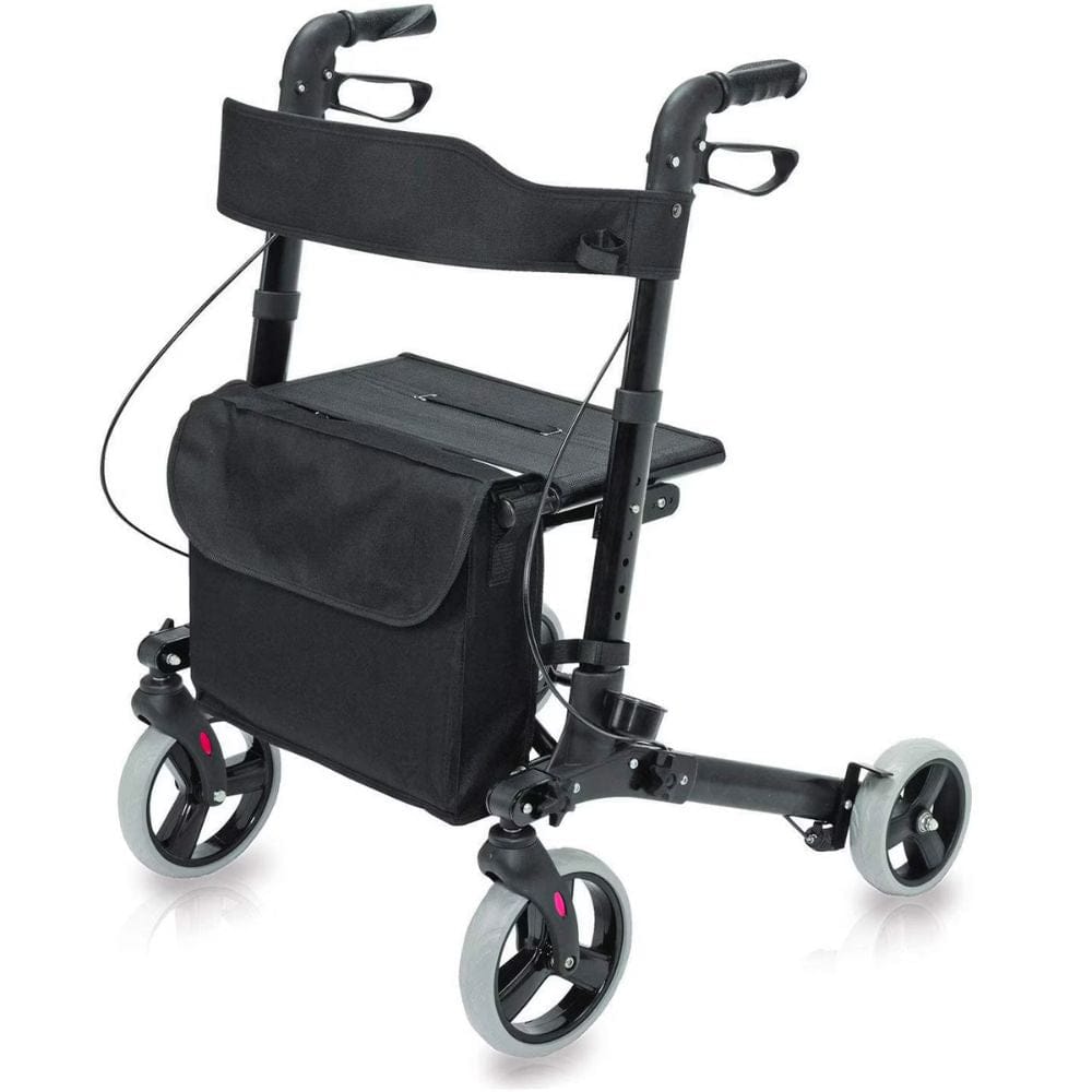 Black rollator with a bag on a white background