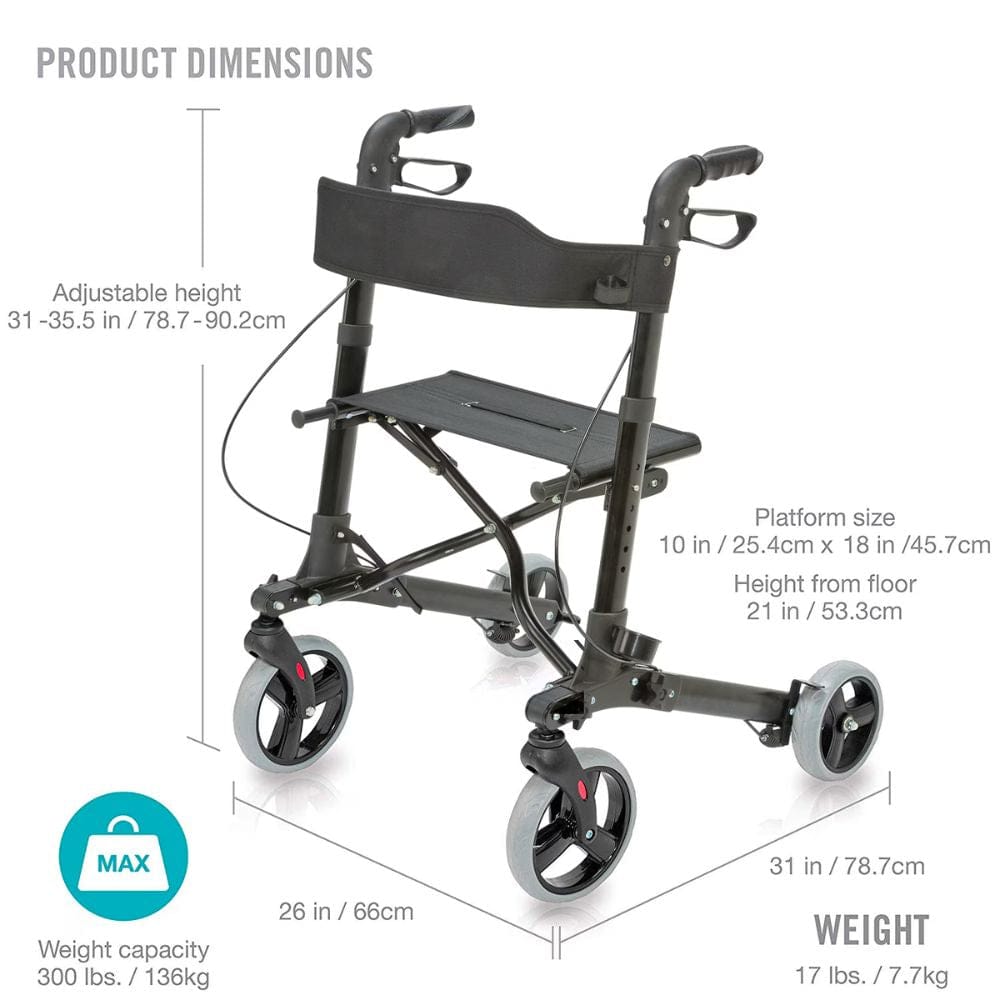 Black walker with product dimensions on a white background
