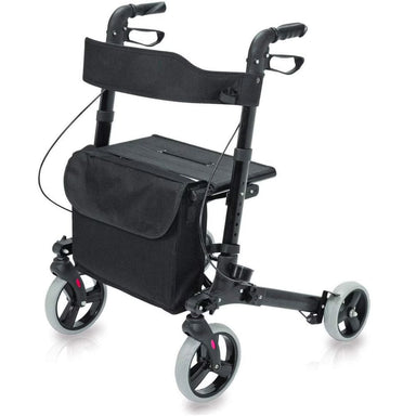 Black rollator with a bag on a white background