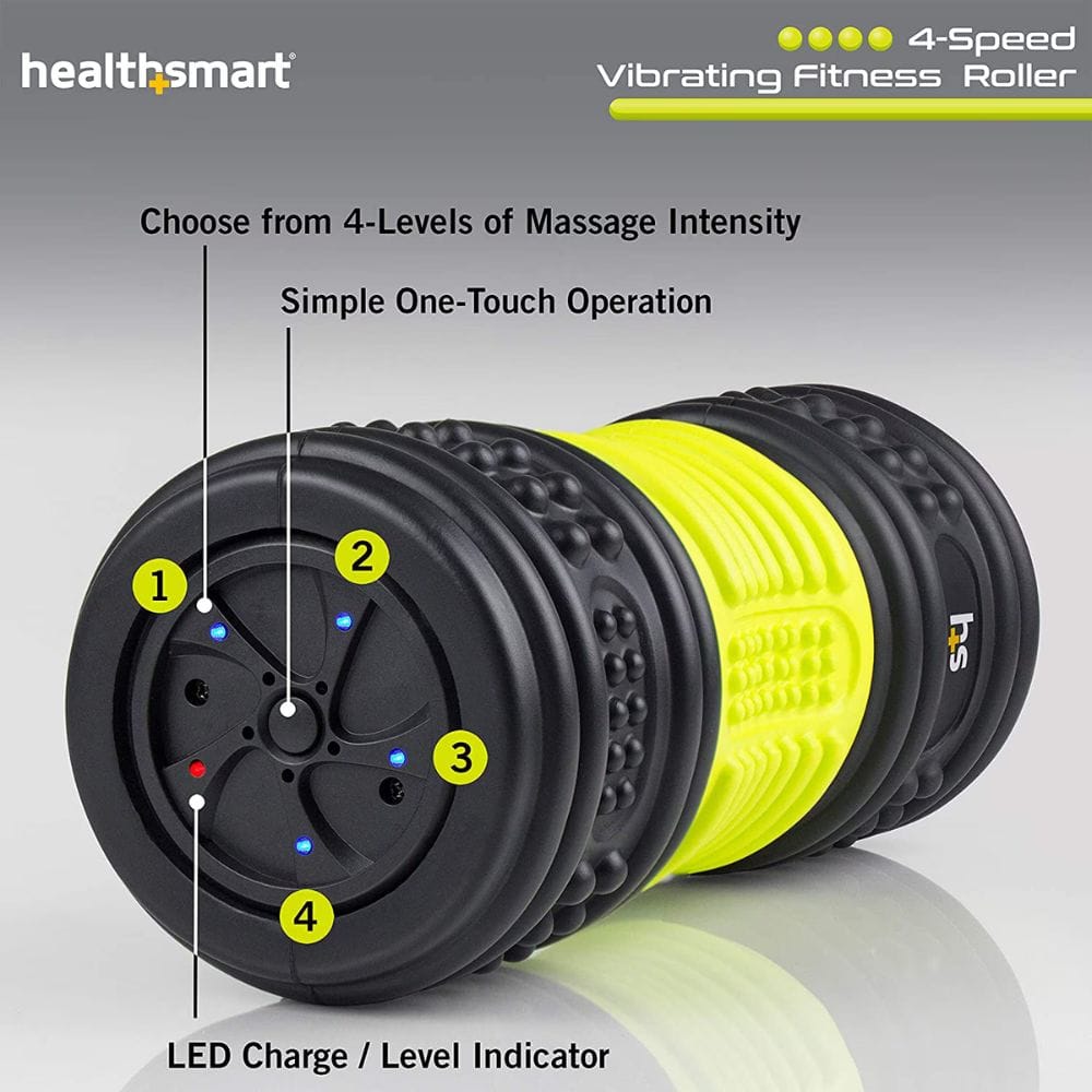Healthsmart vibrating fitness roller with features highlighted on a gray background