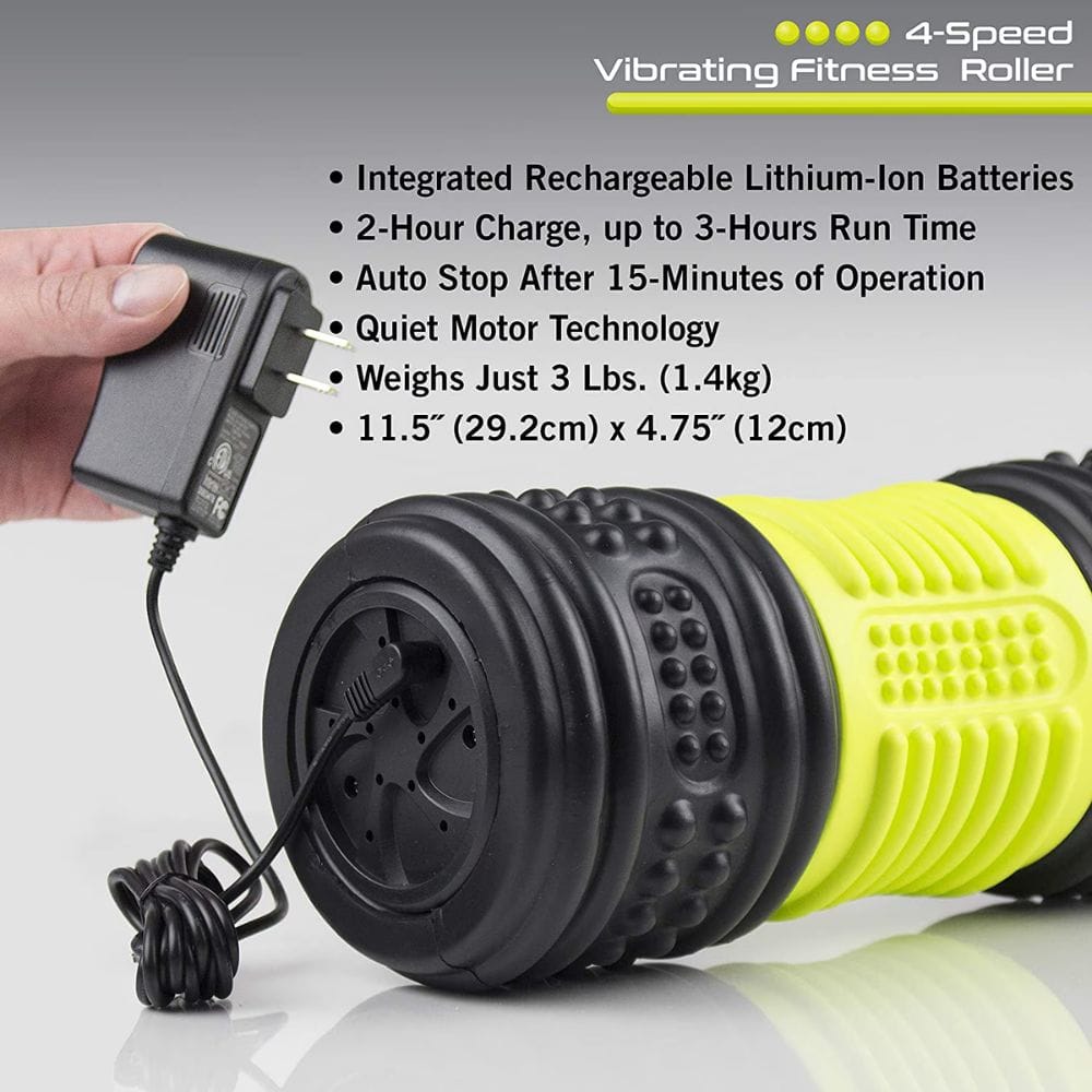 Vibrating fitness roller with charging cable on a gray background