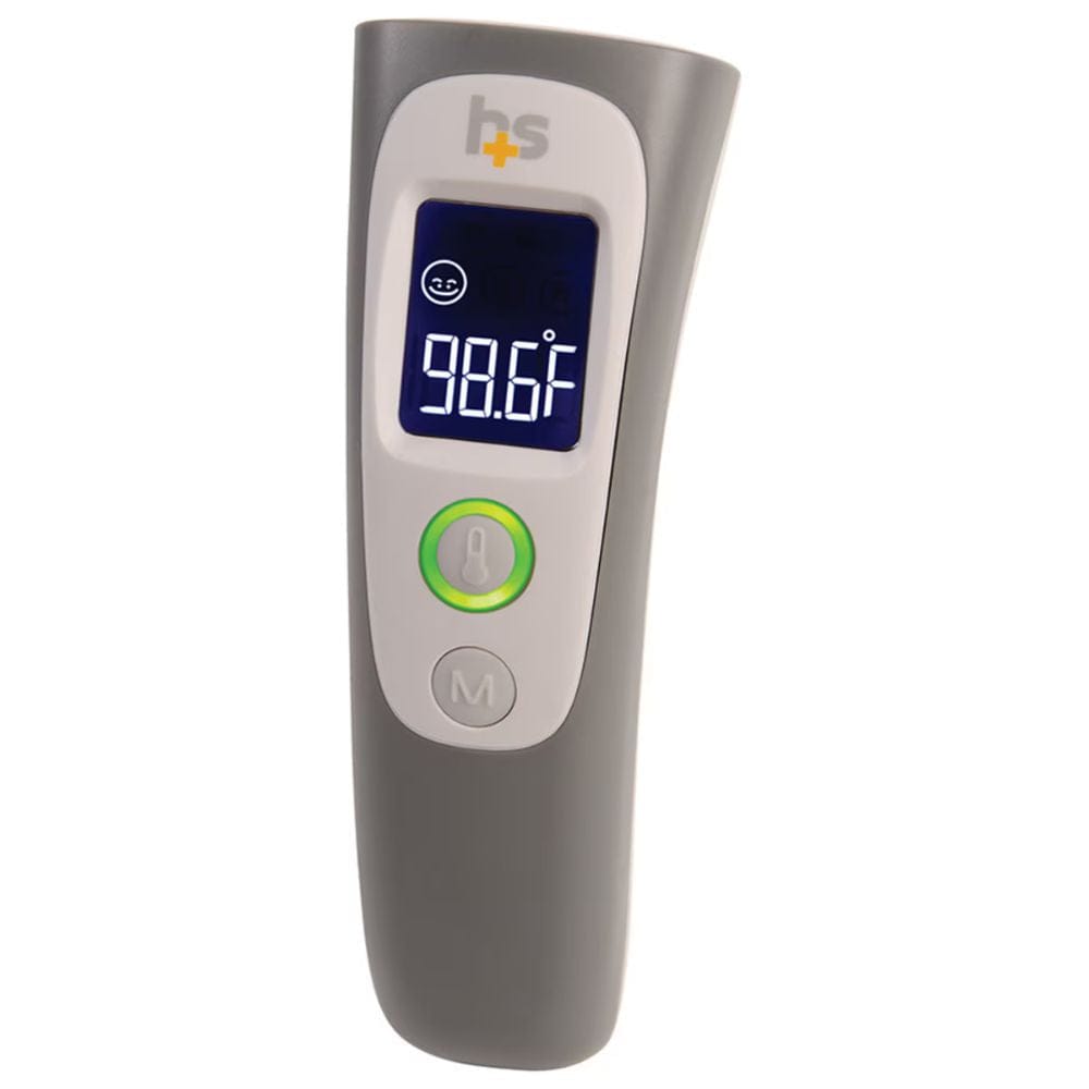 Digital thermometer with a gray casing and digital display on a white background