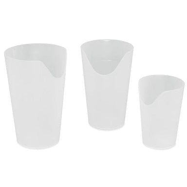 Three white plastic cups of different sizes on a white background