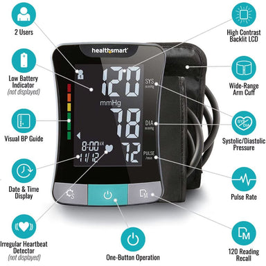 HealthSmart blood pressure monitor with feature icons on a white background