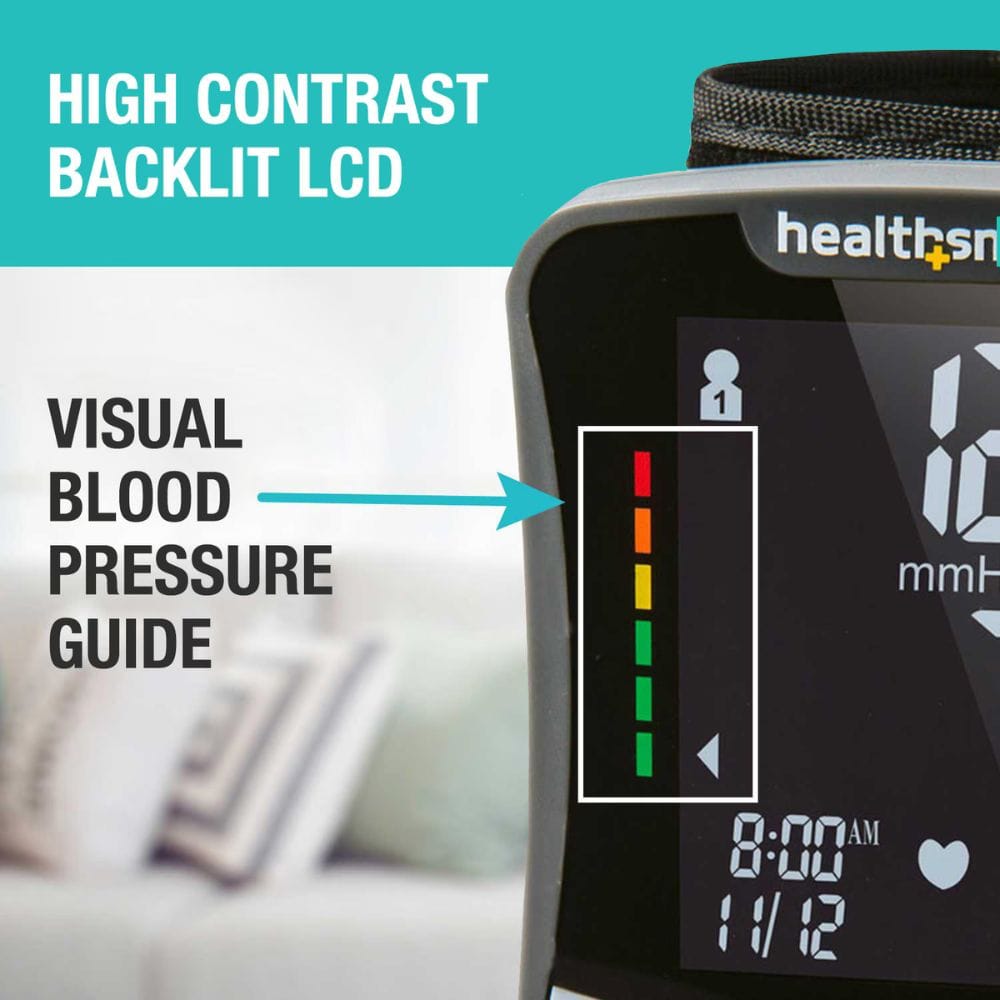 Blood pressure monitor with high contrast backlit LCD display and visual blood pressure guide.