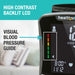 Blood pressure monitor with high contrast backlit LCD display and visual blood pressure guide.