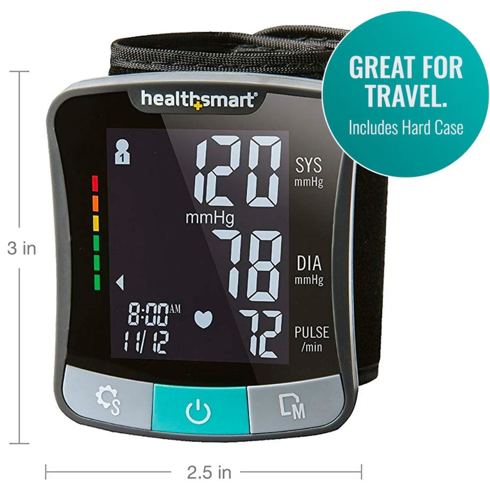 HealthSmart blood pressure monitor with digital display on a white background