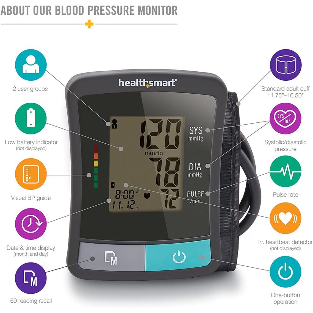 Healthsmart blood pressure monitor with features highlighted on a white background
