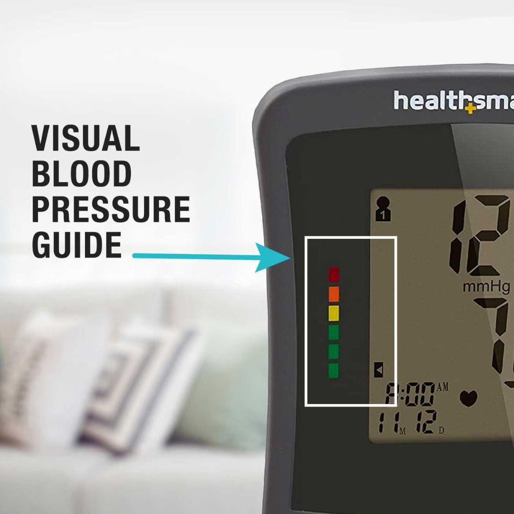 Blood pressure monitor with digital display and visual blood pressure guide.