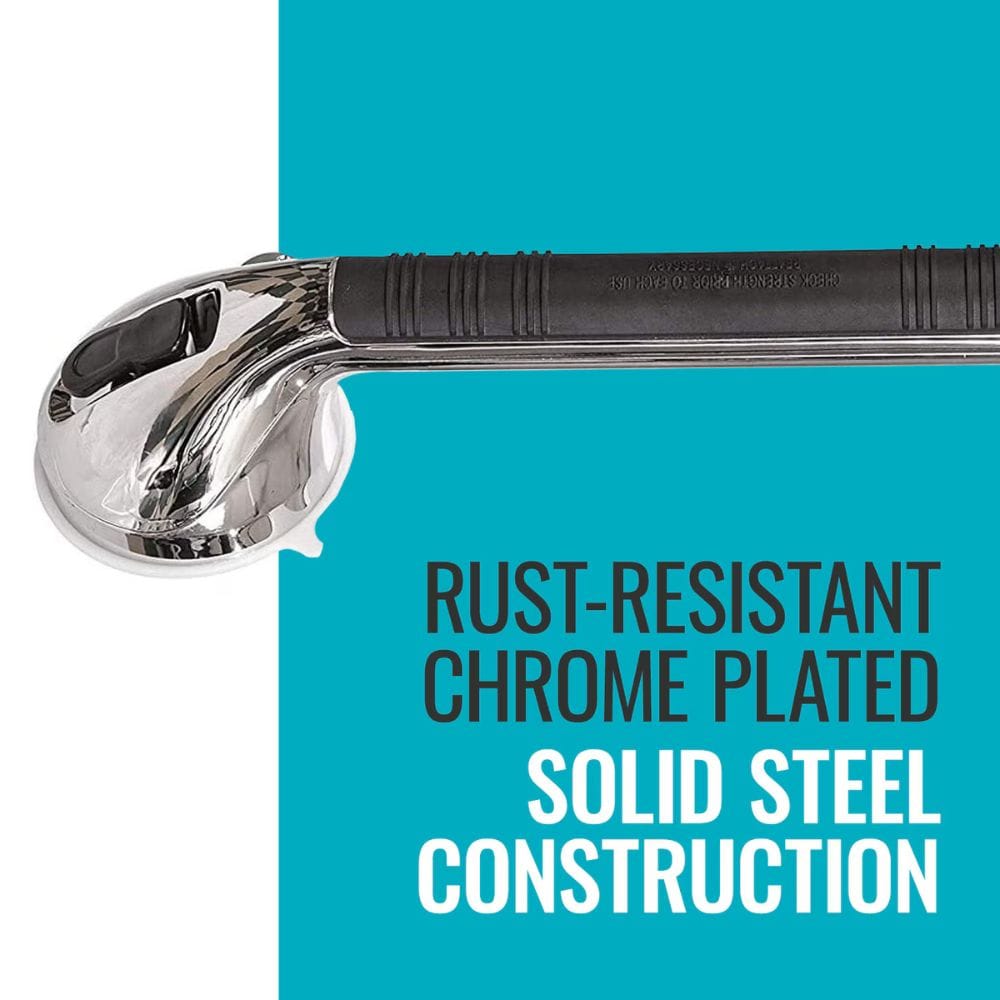 Metallic handle with text on a blue and white background