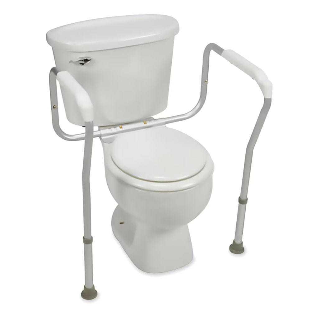 White toilet with a support frame on a white background