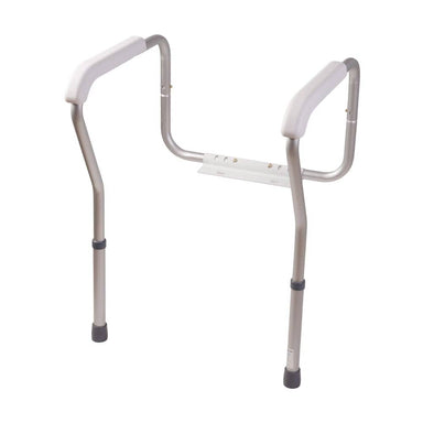 Metal bathroom safety rail with white padding on a white background