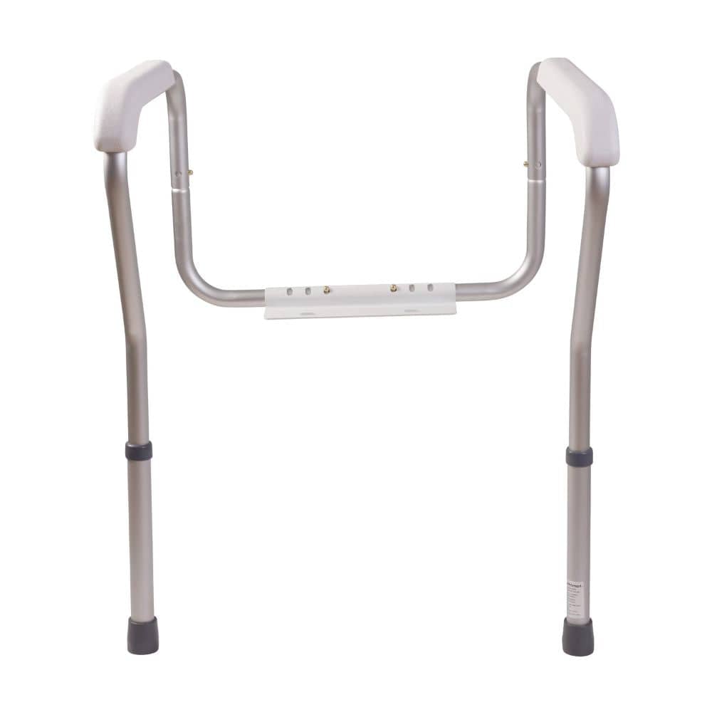 Silver walking aid with handles on a white background