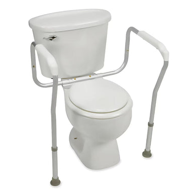 White toilet with a support frame on a white background