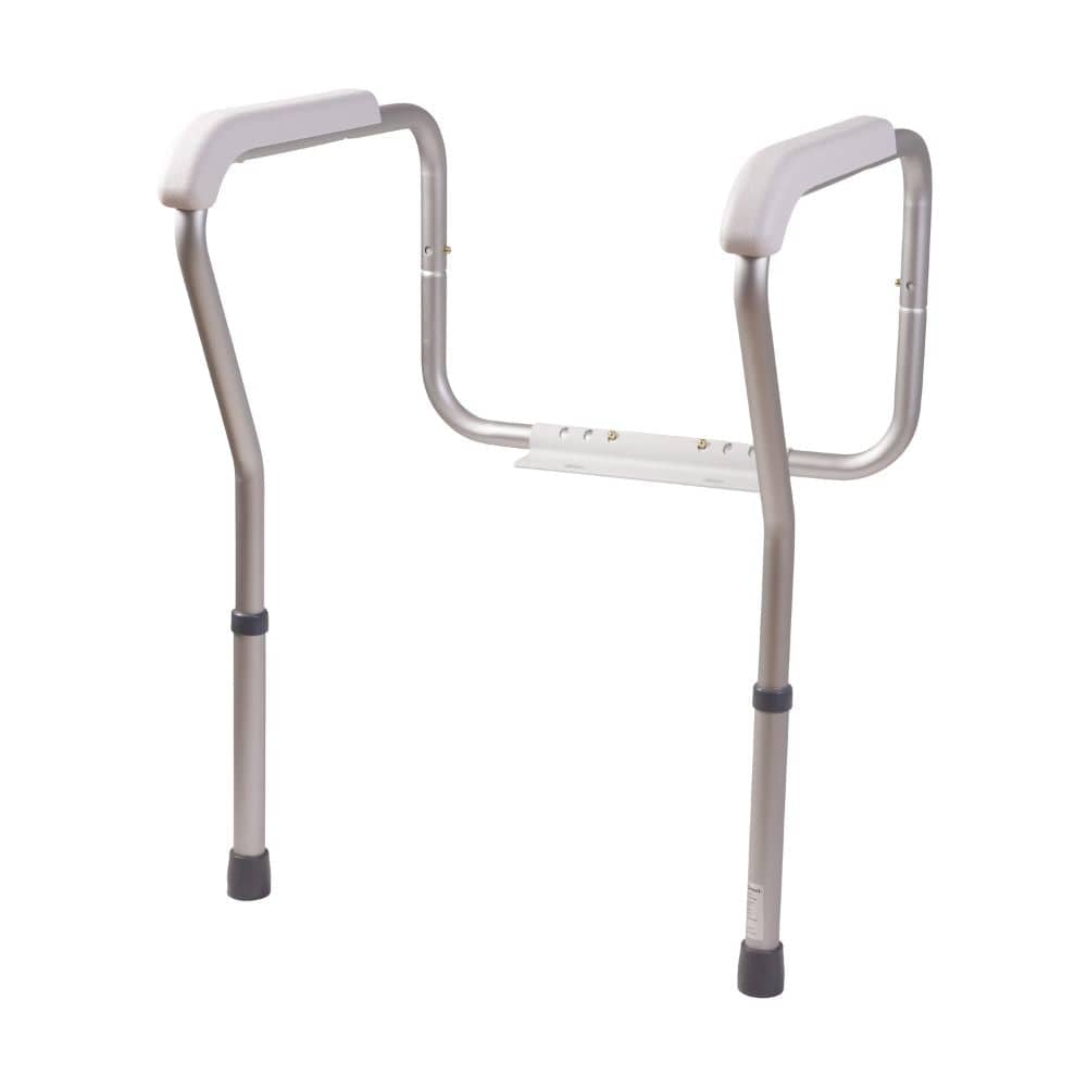 Silver bathroom safety rail with two handles on a white background