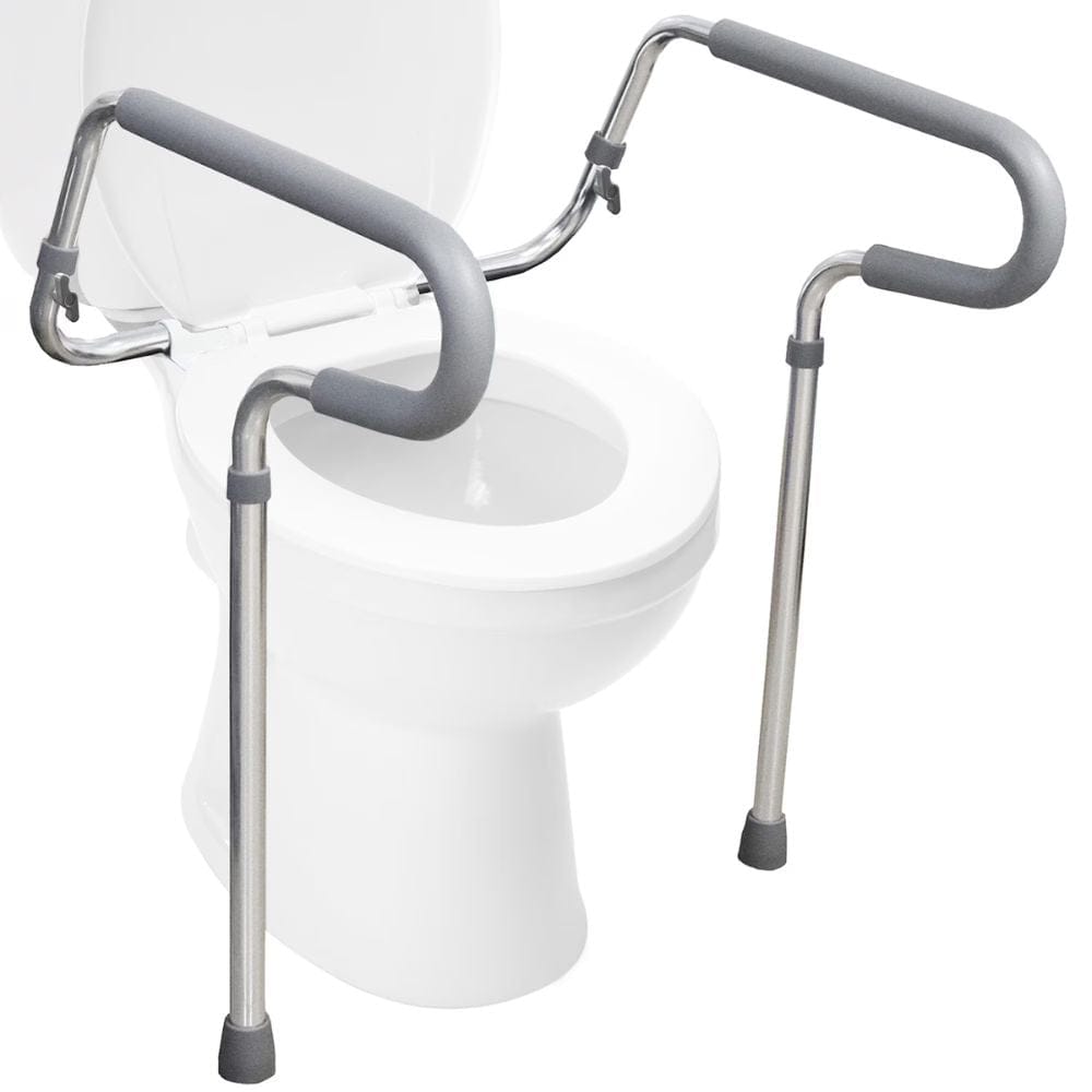 Toilet safety rail with gray handles attached to a white toilet on a white background