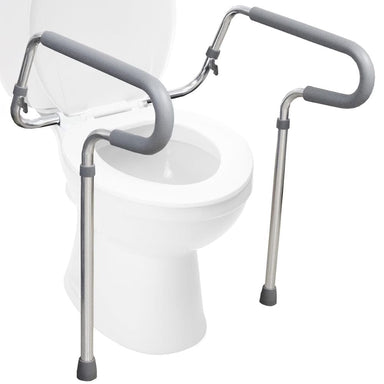 Toilet safety rail with gray handles attached to a white toilet on a white background