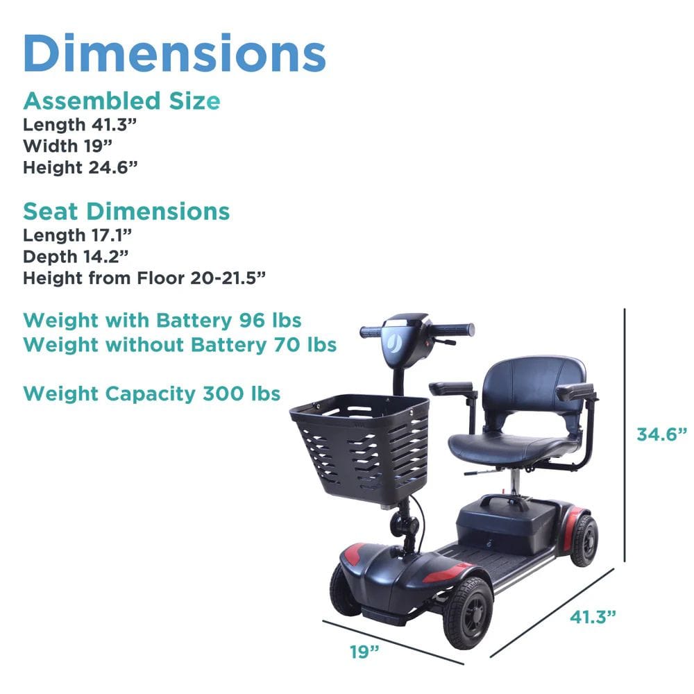 Dimensions of a mobility scooter with text overlay on a white background