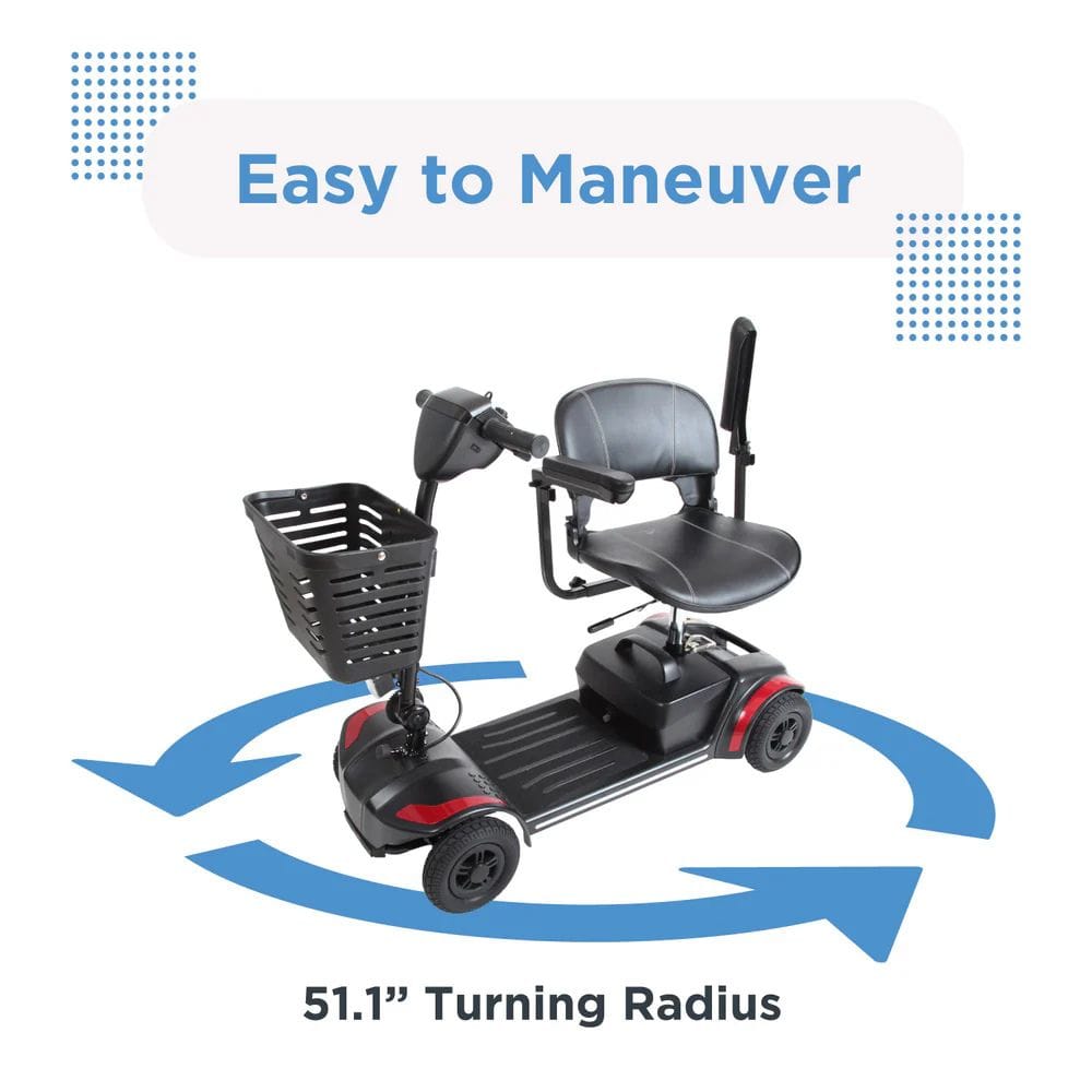 Mobility scooter with text 'Easy to Maneuver' and '51.1” Turning Radius' on a white background