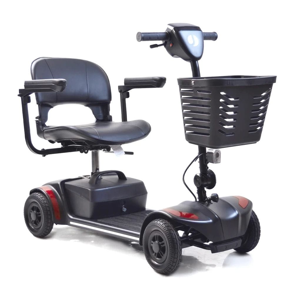 Black mobility scooter with a basket on a white background