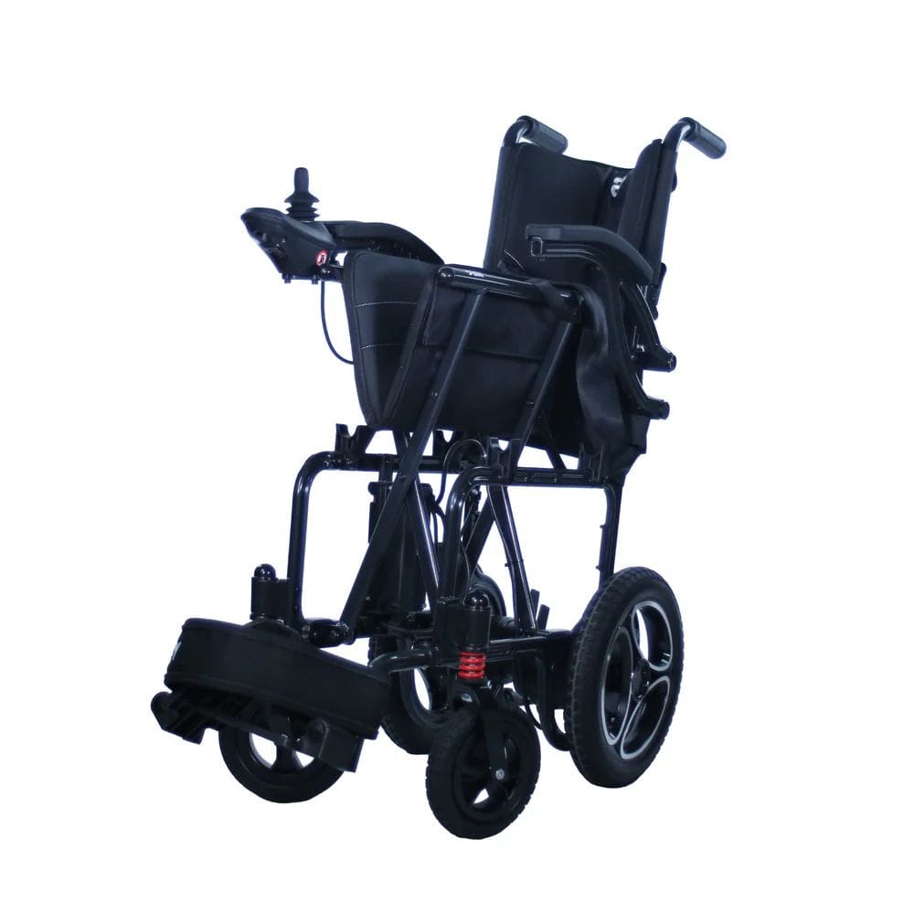 Black power wheelchair on a white background