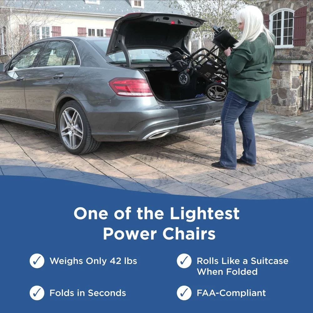 Person loading a power chair into a car with promotional text about the chair's features.