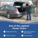 Person loading a power chair into a car with promotional text about the chair's features.