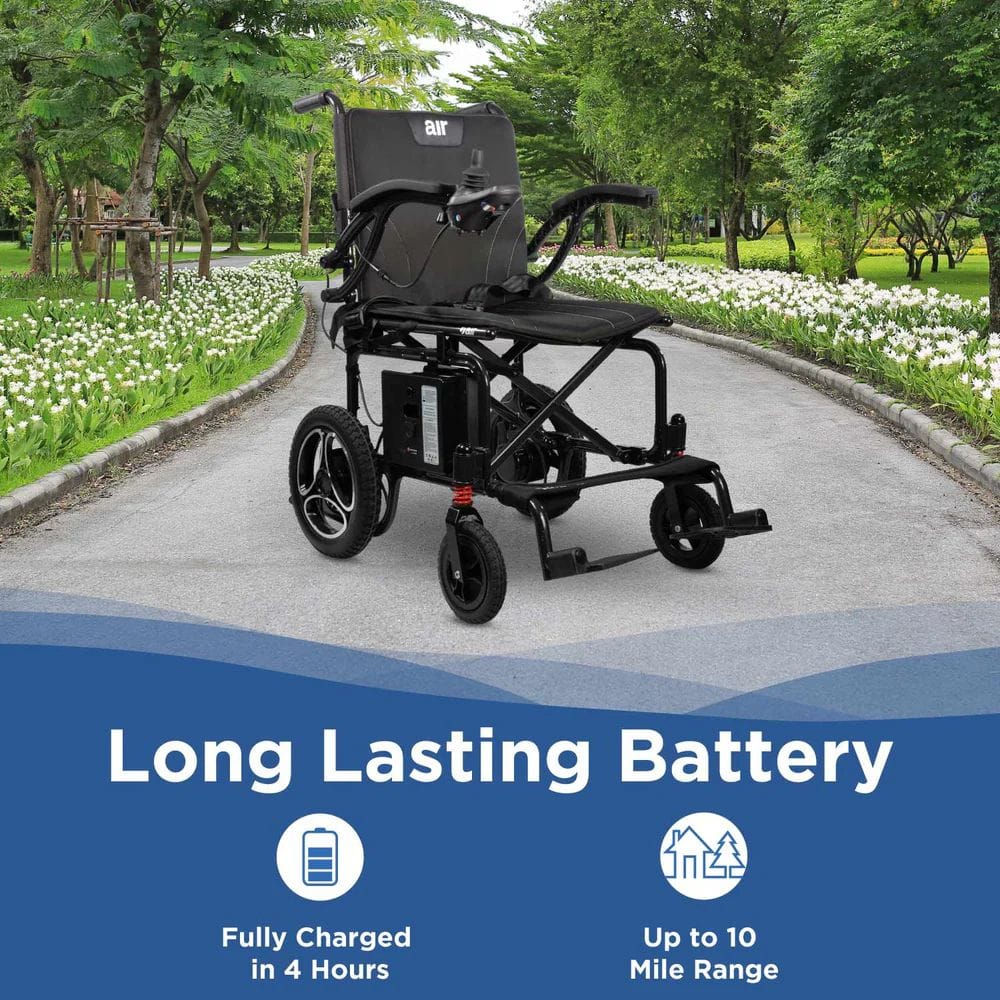 Electric wheelchair on a path with greenery and flowers, highlighting long-lasting battery feature.