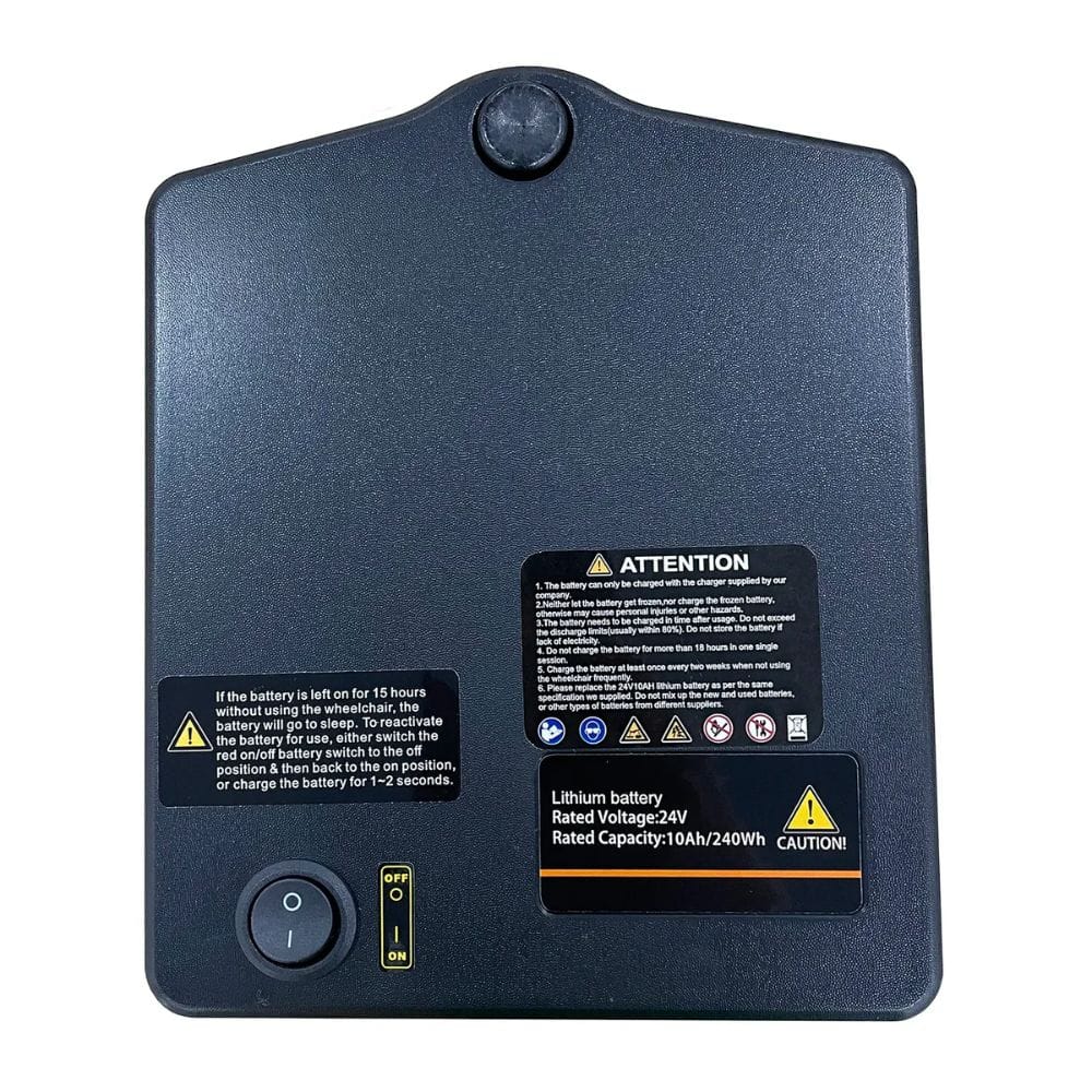 Black battery pack with warning labels on a white background