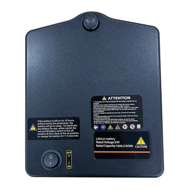 Black battery pack with warning labels on a white background