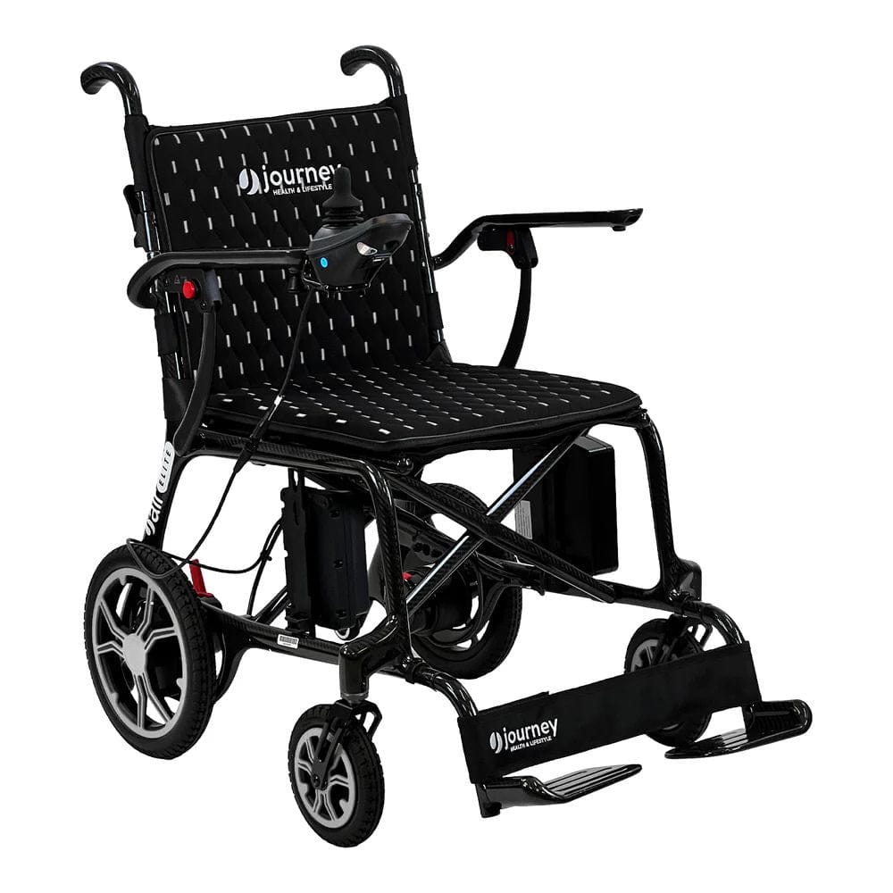 Black electric wheelchair with 'Journey' branding on a white background
