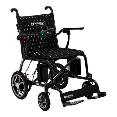 Black electric wheelchair with 'Journey' branding on a white background