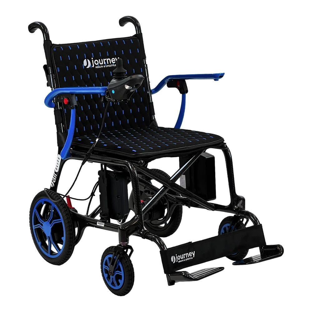 Black and blue electric wheelchair with 'Journey' branding on a white background