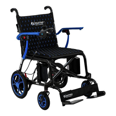 Black and blue electric wheelchair with 'Journey' branding on a white background