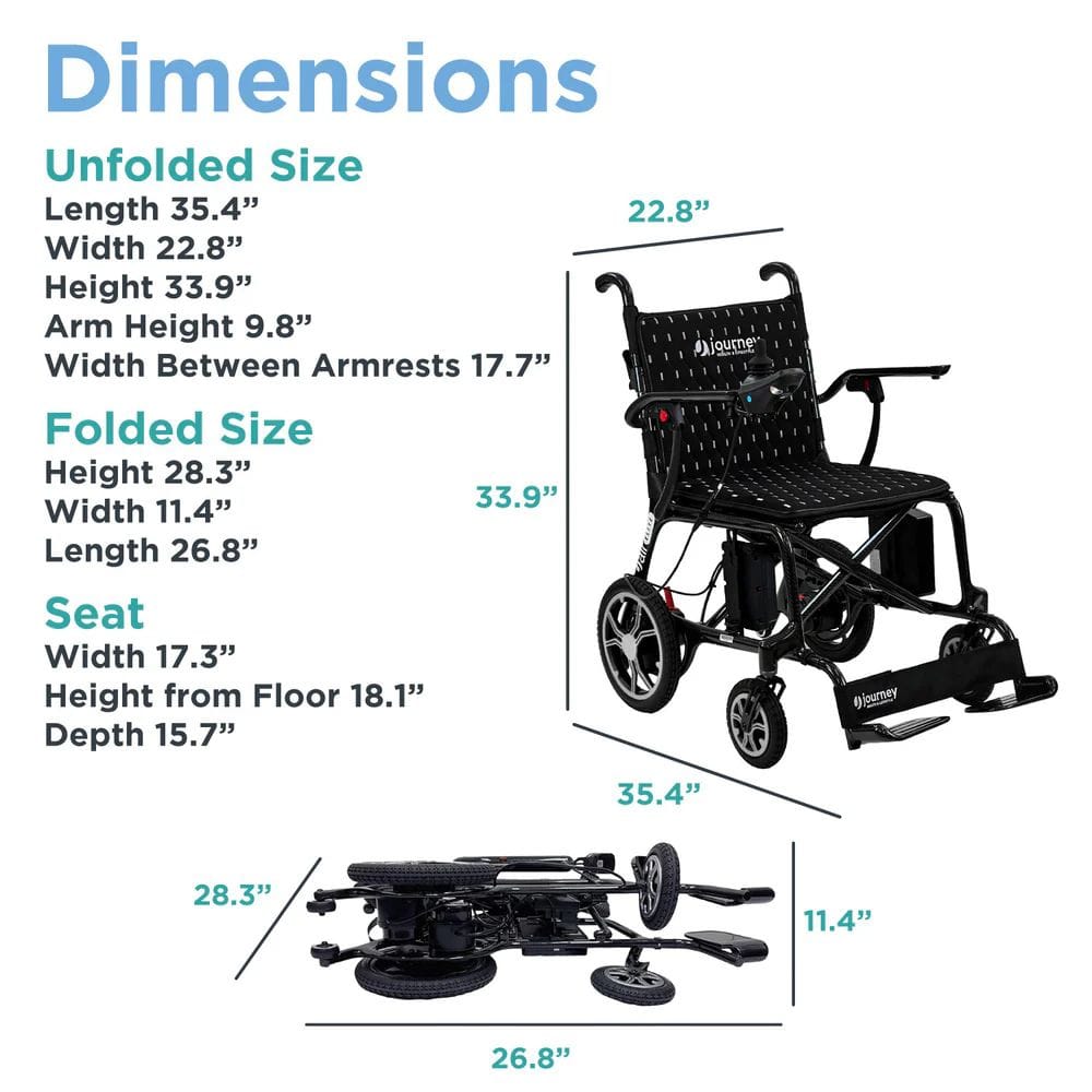 Measurement chart of a folded and unfolded wheelchair with dimensions.