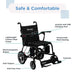 Black wheelchair with labeled features on a white background