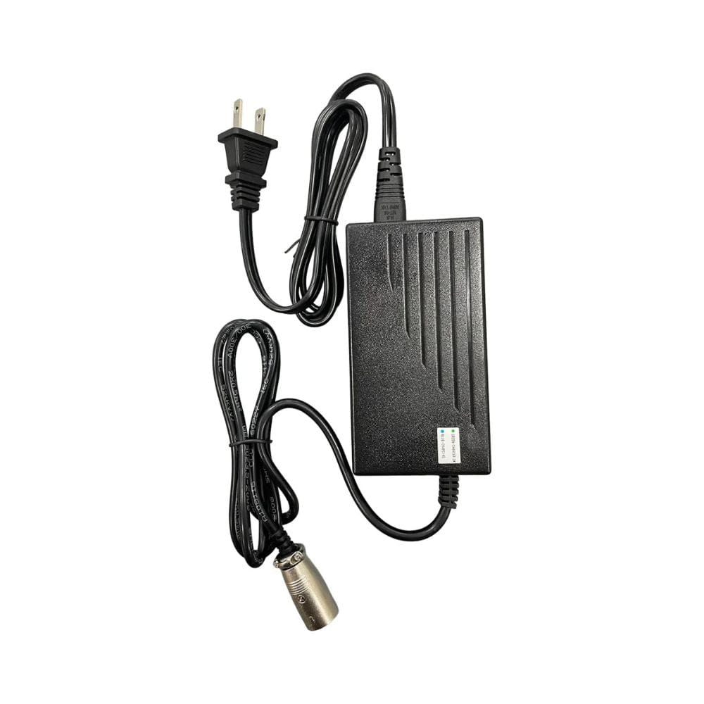 Black power adapter with cables on a white background
