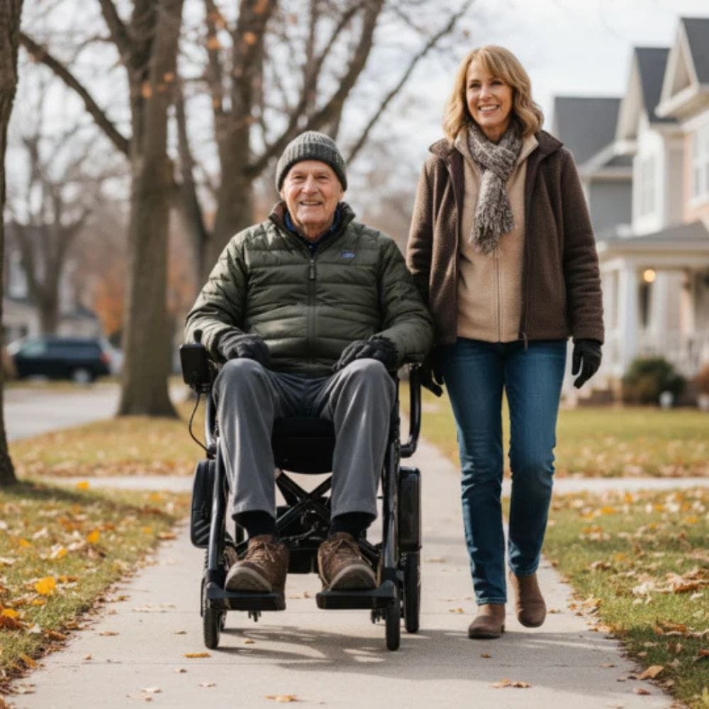 Man in a wheelchair and woman walking on a sidewalk with houses and trees in the background