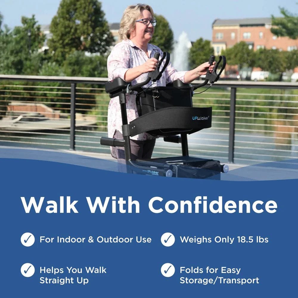 Woman using a mobility device with text about its features on a blue background