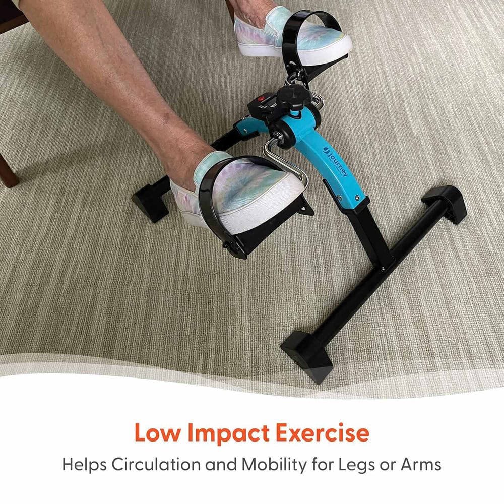 Person using a small exercise bike on a carpeted floor with text about low impact exercise.